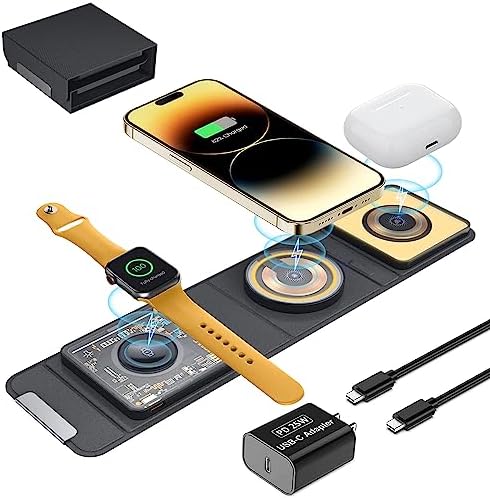 Revolutionize Your Charging Experience with the Mag-Safe 3 in 1 Wireless Charging Hub – Portable Foldable Design, 15 W Fast Charging for i Phone 15/14/13/12, Apple Watch & Air Pods, Includes 25 W Adapter for Unmatched Performance and Enhanced Compatibility