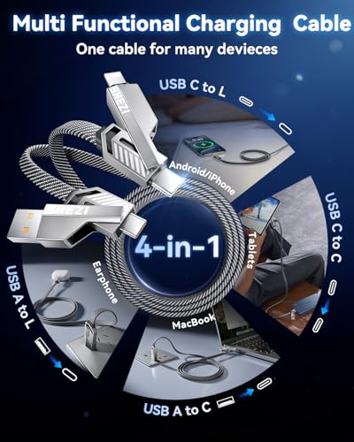 Ultimate 4-in-1 USB C to Lightning Charging Cable – 60 W High-Speed Power & Rapid Data Sync for i Phone, Samsung, i Pad – 10 FT Multi-Device Charger with Car Play & Android Auto Compatibility – Robust, Durable Design for Everyday Use