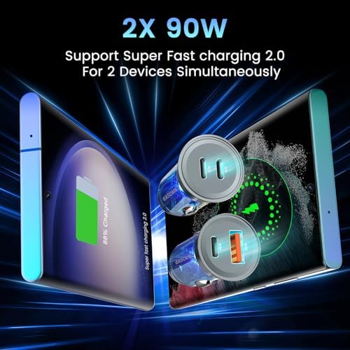 90 W Dual-Port USB C Fast Car Charger 2-Pack – PD 45 W & QC 45 W Quick Charge Adapter for Samsung Galaxy S25 Ultra, i Phone 15, and More – Ultimate Compatibility & Safety Features for Efficient On-the-Go Power