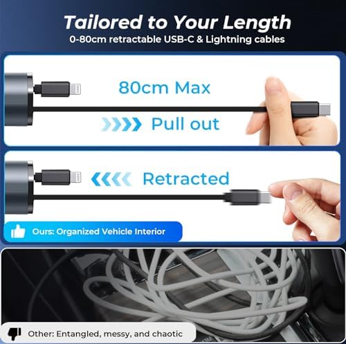 Dual-Port Retractable 4-in-1 Car Charger Set – Fast Charge i Phone and USB-C Devices with 2.6 ft Cords – Essential Gray Adapter for Men and Women – Perfect Travel Companion and Gift for Efficient Charging on the Go
