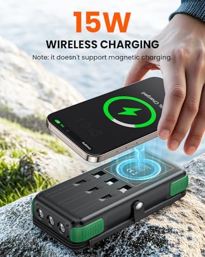 Ultimate SOARAISE 25000 m Ah Solar Power Bank: Fast Wireless Charging with Built-in Cables, Dual USB Outputs, 4 Solar Panels & Triple LED Flashlights for Outdoor Adventures – Reliable Portable Charger for Camping & Emergencies