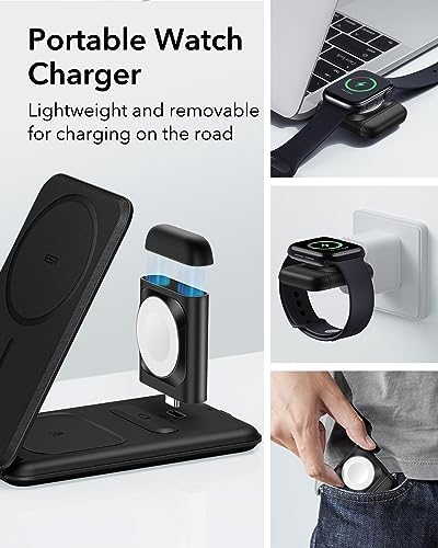 ESR Qi2 All-in-One 3-in-1 Charging Station for Apple Devices – Fast 15 W Mag Safe Charger, Certified Apple Watch & Air Pods Power Hub, Ideal Travel Companion for i Phone 16/15/14/13/12 Series, Sleek Black Design with Travel Bag Included – Maximizing Efficiency and Style