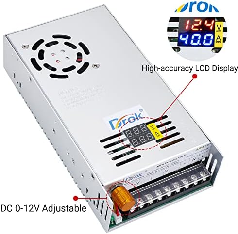 DROK 24 V Adjustable Power Supply – High-Efficiency AC to DC Converter for Reliable Power Delivery, 20 A 480 W Regulated Adapter Perfect for Computer Labs and Versatile Electronic Applications, Adjustable 5 V to 24 V Voltage Transformer for Enhanced Performance and Compatibility