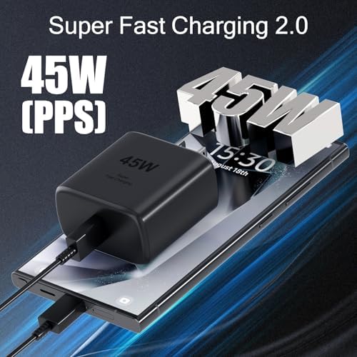 Samsung 45 W Ultra-Fast USB-C Charger with 6 ft Cable – Efficient Power Delivery for Galaxy S25/S24/S23/S22/S21/Note 10/Tablets – Compact, Travel-Friendly Design with Advanced Safety Features for Optimal Charging Performance