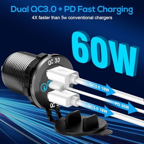 Ultimate 30 W PD Type-C & Dual QC 3.0 USB Charging Socket for 12 V/24 V Vehicles – Touch Switch Technology for Enhanced Safety & Compatibility in Cars, RVs, Trucks, and Boats – Fast Charge Multiple Devices Effortlessly