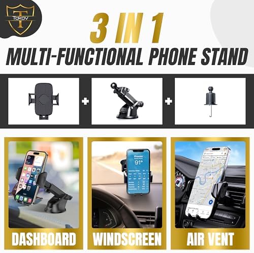 2025 Premium 85+LBS Ultra Strong Suction & Clip Military-Grade 3 in 1 Car Phone Holder Mount for Dashboard Windshield Vent, Heavy Duty Cradle for iPhone 16 15 14 Pro Max, Android Devices – Enhanced Compatibility and Speed