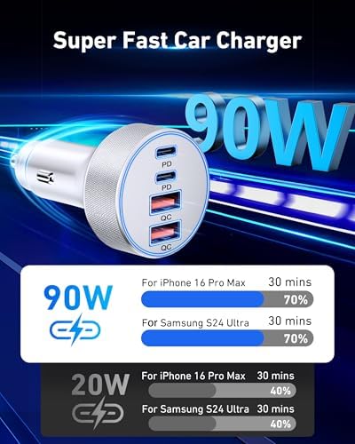 4-Port USB C Car Charger with 90 W Super Fast Charging for i Phone 16/16 Pro Max & Android Devices – Dual USB-C & USB-A Adapter with 3 FT Cable for Seamless On-the-Go Power Supply – Ideal for Road Trips and Family Use