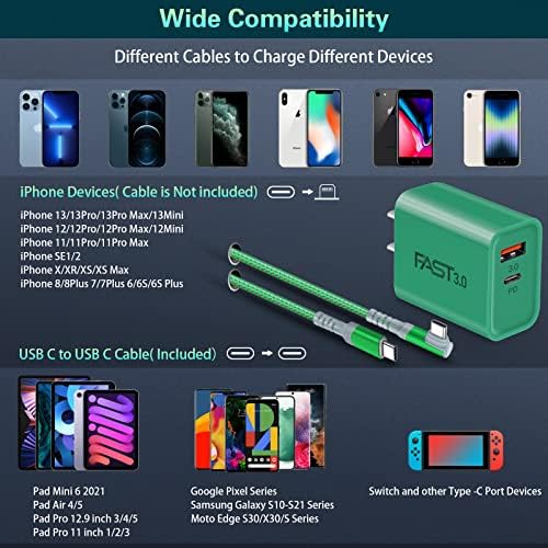 Dual Port Fast Charging Wall Adapter with 10 FT Right-Angle USB C Cable – 20 W USB-C Power Block for i Phone 16/15, Samsung Galaxy S25 Ultra, S24, S23, S10 – Efficient Charging Convenience for Home, Office, and Travel