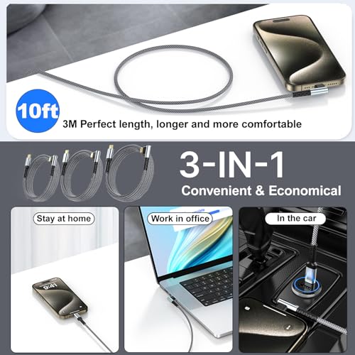 Maximize Your Charging Efficiency with 3-Pack 10 FT 60 W USB C to USB C Cables – Durable Braided Design, Ergonomic Right Angle Connector for Seamless Use with i Phone 16/15 Pro Max Plus, Galaxy S25/S24, i Pad Pro/Air, Mac Book Pro/Air – Ideal for Home, Office, and Travel Convenience