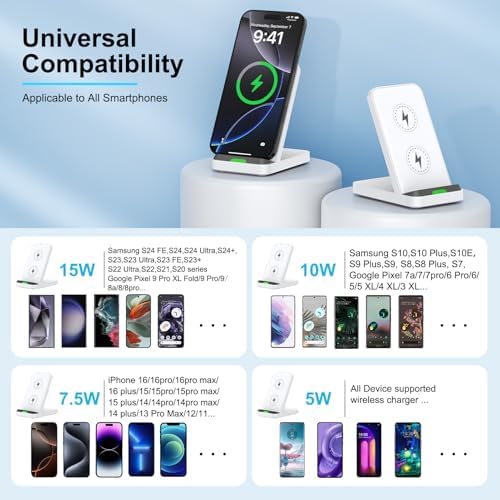 15 W Fast Wireless Charger Stand for Samsung Galaxy S25/S24/S23, i Phone 16/15, Google Pixel 9 Pro – Ultimate Desk Charging Station with Dual Viewing Angles, Quick Charge 3.0 Adapter, and Enhanced Safety Features for All Compatible Devices
