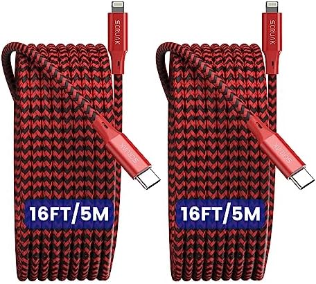 16 Ft Extra Long i Phone Charger Cable – 2-Pack MFi Certified Fast Charging USB-C to Lightning Cords with Durable Nylon Braided Design for i Phone 14/14 Pro/14 Pro Max/13/12, i Pad & Air Pods – Unmatched Flexibility & Reliability in Red