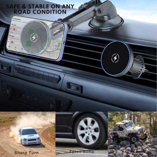 2025 Compatible with iPhone and Android Car Mount Charger for MagSafe 3-in-1 Wireless Fast Charging with Magnetic Suction Cup Mount for Windshield, Vent, or Dash, Type-C Input, 15W Output Power – Enhanced Compatibility and Speed