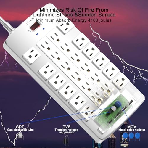 Ultimate QINLIANF Surge Protector Power Strip – 6 Ft Heavy-Duty Extension Cord with 24 Versatile Outlets and 4 High-Speed USB Ports (2 USB-C), 1875 W/15 A Capacity, 4100 J Surge Protection for Home, Office, and Dorm Use – ETL Certified for Maximum Safety and Reliability