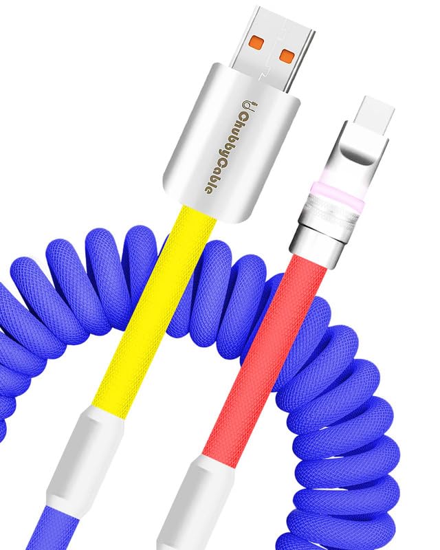 Neon Chubby Spiral Charge Cable – Vibrant 2.29-3.6 FT Type-C Coiled Charger for USB-C and Carplay Devices, Fast Sync and Charge, Tangle-Free Design in Bold Purple and Light Green, Perfect for Smartphones and Tablets