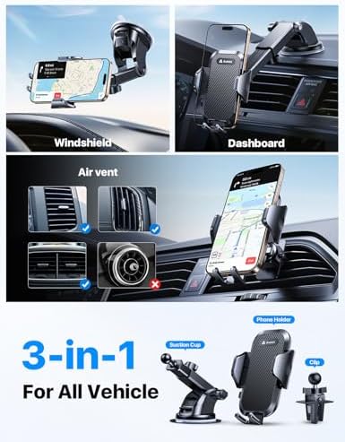 Andobil Universal Car Phone Mount – Strong Suction for Bumpy Roads, 360-Degree Rotatable Holder Compatible with i Phone 16, 15 Pro Max, 14, 13, 12 & Samsung Devices – Secure Windshield, Dashboard, and Vent Cradle for Safe Navigation and Hands-Free Use