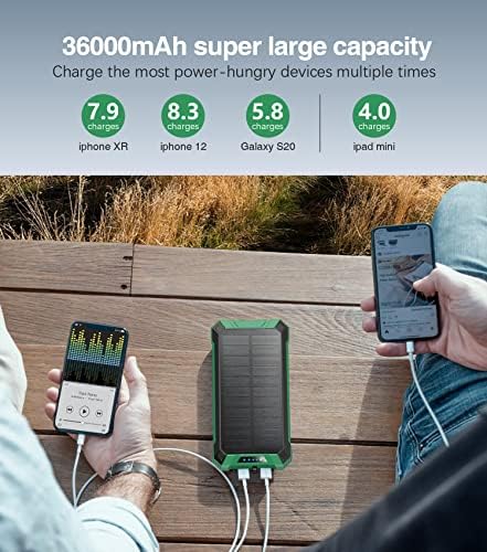 GOODaaa 36,000 m Ah Solar Wireless Power Bank with Built-in 4 Cables, Fast 15 W Charging, 6 Outputs & Dual Flashlights – Ultimate Portable Charger for All Devices with Carabiner for Easy Carrying