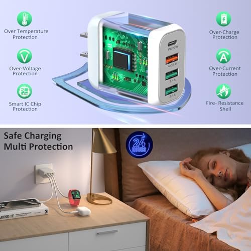 Bangfun 40 W 4-Port USB C Fast Charging Block – Dual Pack Multi-Device Power Adapter Featuring Quick Charge 3.0 for i Phone 11-15 Pro Max, Samsung A13/A54, Pixel – Ultimate Compact Charger for Home, Office & Travel Efficiency