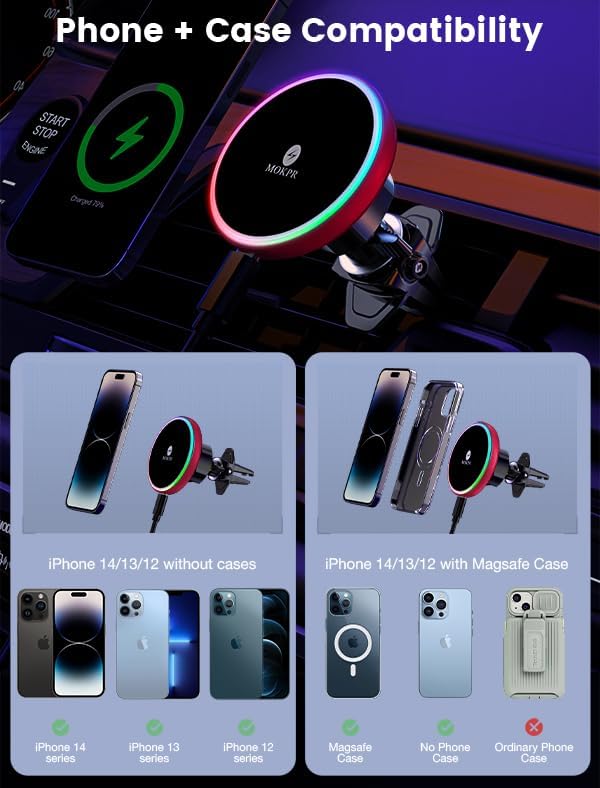 MOKPR 15 W Mag Safe Car Charger & Magnetic Phone Holder – Effortless Fast Wireless Charging with Dynamic LED RGB Lighting for i Phone 15/14/13/12 Series – Stylish Dash & Air Vent Mount for Enhanced Driving Experience and Convenient Accessibility