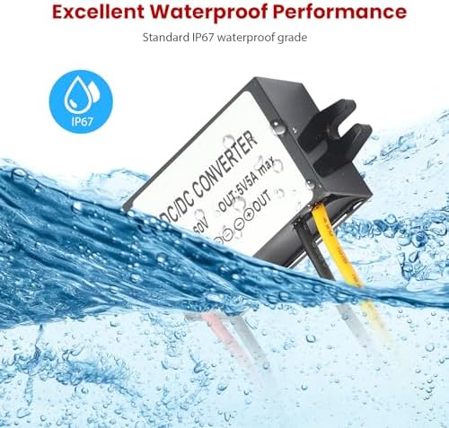 Heavy-Duty IP67 Waterproof DC-DC Converter: Reliable Voltage Regulator for Marine, Truck, and Solar Use – 10-60 V Input to 5 V Output, 5 A, 25 W – Shockproof & Dustproof Design for Extreme Environments – 1-Year Warranty for Dependable Performance