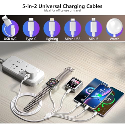 Ultimate 5-in-2 Multi-Device Charging Cable for Apple Watch and Smartphones – High-Speed USB A/C Input with Versatile Lightning, Type C, Micro, and Mini Outputs – Compatible with i Phone 15-13, i Watch 1-9, Galaxy S23-22 – 4 FT Length for Unmatched Portability and Everyday Use – Perfect for Travel and Daily Charging Solutions