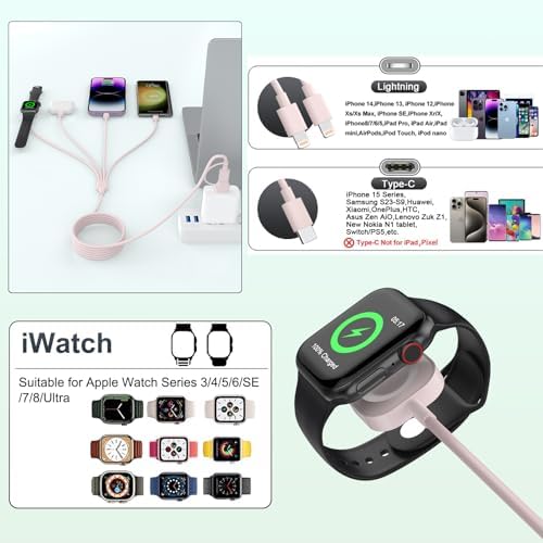Universal 4-in-2 Travel Charging Cable – 6 FT Versatile Connector for Apple Watch, i Phone, Android Devices, i Pad & Air Pods – Stylish Pink Design for Effortless Portability – Fast Charging & Enhanced Compatibility for All Your Tech Needs – Essential Travel Accessory for Modern Device Users