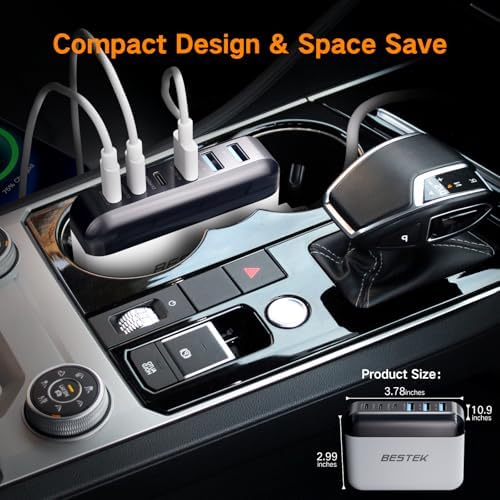 BESTEK High-Power Multi-Port USB Car Charger – 125 W 14 A Fast Charge Adapter with Quick Charge 3.0 & USB-C PD Technology for Efficient On-the-Go Device Charging – Ideal for Families and Road Warriors
