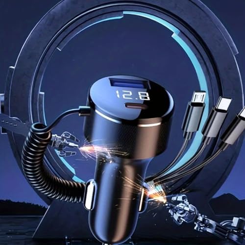 5-in-1 Super Fast Car Charger with Built-in Cables – PD30 W & QC3.0 Technology for Rapid Charging | USB-C Cigarette Lighter Adapter Featuring LED Voltage Display | Compatible with i Phone 16/15/14/13/12/11/Pro Max, i Pad, Samsung & More – Ultimate Convenience for Road Trips & Daily Commuting