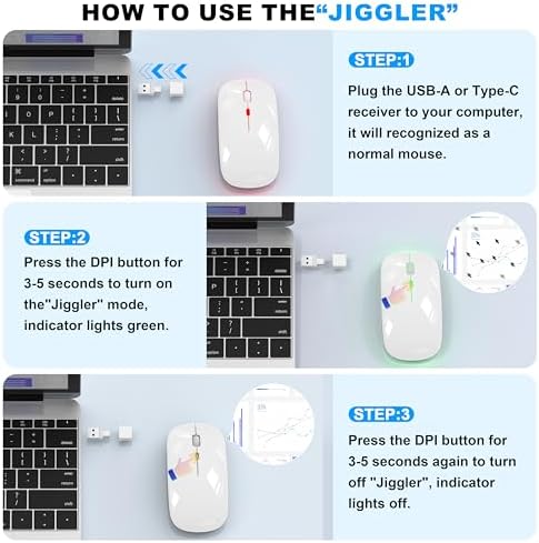 Sleek LED Bluetooth Wireless Mouse for Mac & PC – Rechargeable, RGB Light-Up Design with Dual Connectivity (BT5.2 + 2.4 G USB) – Slim, Portable Mouse with Jiggler Function for Work & Play – Enhanced Performance & Style in White