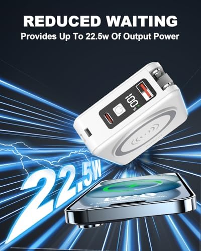 10000 m Ah Mag Safe-Compatible Portable Charger Power Bank – 22.5 W Fast Charging Travel Essential with Built-in USB-C & Lightning Cables – 5-in-1 Wireless Charging Solution for i Phone, Android, and Samsung Devices
