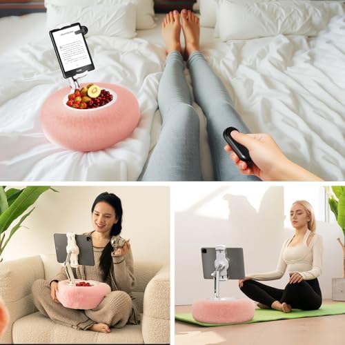 Adjustable Tablet Pillow Stand with Detachable Snack Bowl – Perfect for Kindle, i Pad, and Phones (4.7″-13″) – Hands-Free Streaming and Reading Comfort in Stylish Pink – Ultimate Convenience for Home and On-the-Go