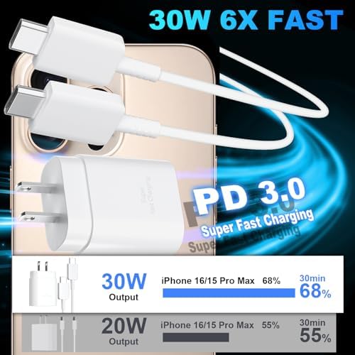 30 W Fast Charger for i Phone 15 Pro Max – 10 FT USB-C Cable & PD 3.0 Power Block | Rapid Charging for i Pad Pro/Air & Samsung S24 – Sleek Black Design for Ultimate Convenience and Durability