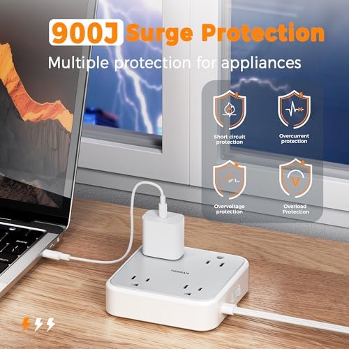 TESSAN 5 FT Flat Extension Cord Surge Protector – 4 Outlet Power Strip with 3 USB C Ports (1 USB C) for Fast Charging, 900 Joules Electronics Protection, Space-Saving Design for Home, Office, and Dorm Use, Enhanced Compatibility and Efficiency