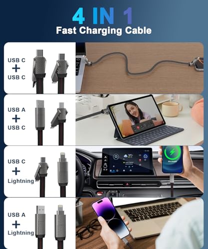 Versatile 10 FT 4-in-1 USB C Fast Charging Cable – 100 W Power Delivery with Lightning, USB-C, and USB-A Ports – Multi-Device Charger for i Phone, Samsung, Mac Book, and i Pad – Quick Data Sync and Durable Design for Ultimate Convenience