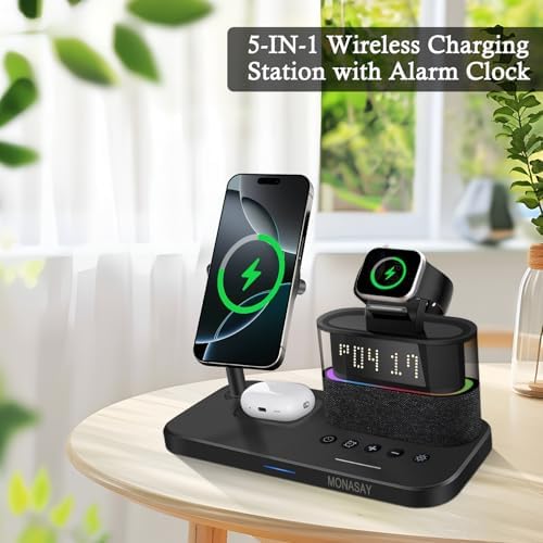 MONASAY Qi2 5-in-1 Wireless Charging Hub with Alarm Clock – 23 W Fast Charger for i Phone 16/15/14/13/12, Air Pods, and Apple Watch – Magnetic Stand for Optimal Device Alignment – Sleek Black Design for Home and Office Use – Ultimate Convenience and Speed in One Charging Solution