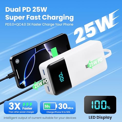 High-Capacity 50800 m Ah Portable Power Bank with 3 Built-In Cables, 25 W PD & QC4.0 Fast Charging – Universal Charging Solution for i Phone 16/15/14/13, Android Devices & More – Smart LCD Display, 6 Outputs & 2 Inputs, Enhanced Safety Features for On-the-Go Power Needs