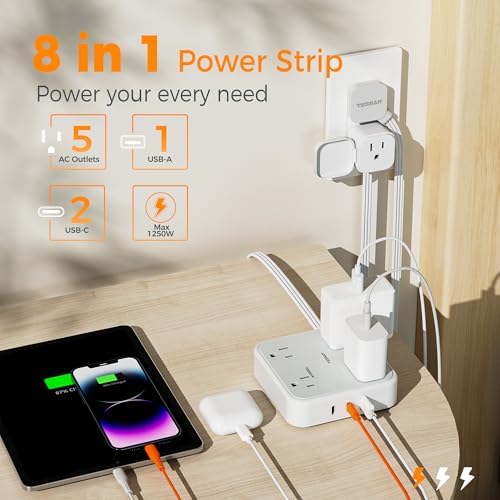 TESSAN 5 FT Flat Extension Cord Surge Protector – 4 Outlet Power Strip with 3 USB C Ports (1 USB C) for Fast Charging, 900 Joules Electronics Protection, Space-Saving Design for Home, Office, and Dorm Use, Enhanced Compatibility and Efficiency