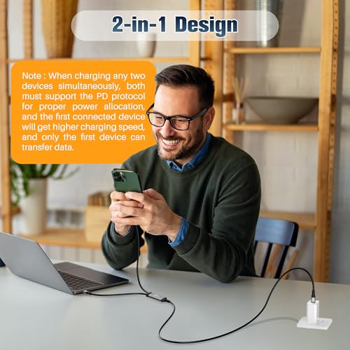 Dual USB-C 2-in-1 Charging Cable – 4 FT Fast Charge and Data Transfer Type C Splitter Adapter for i Phone 16/15, Mac Book Air/Pro, i Pad Air/Pro – 100 W Max Power Delivery, Enhanced Durability and Compatibility for Seamless Connectivity