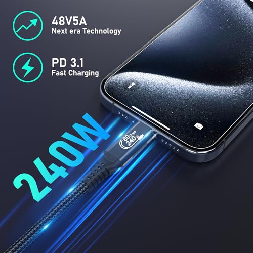 240 W 80 Gbps Right Angle USB-C Cable – Thunderbolt 5 Compatible 3.3 ft, 90 Degree Design for 8 K/16 K 60 Hz Displays, Ultra-Fast Data Transfer and Power Delivery, Ideal for Compact Workspaces and High-Performance Devices