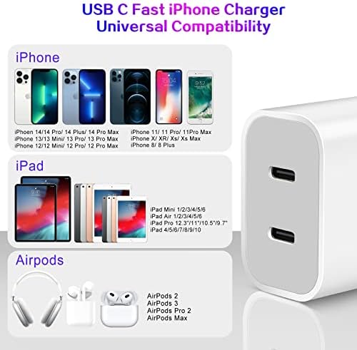 Ultra-Fast Dual Port USB-C i Phone Charger with 10 FT Quick Lightning Cables – High-Efficiency Charging Block for i Phone 14 Pro Max, 13 Pro, 12, 11, XS, XR, 8, SE – Ideal for Home and Travel, 2-Pack for Maximum Convenience and Speed