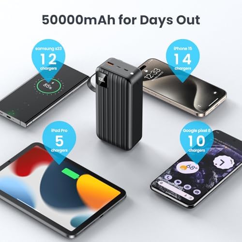 Massive 50000 m Ah Portable Power Bank with Dual Built-in Cables – 22.5 W Fast Charging for i Phone 16/15/14/13 Pro & Samsung Galaxy – Multi-Device Charging for Camping, Hiking & Outdoor Adventures – LED Display & Comprehensive Safety Features Included