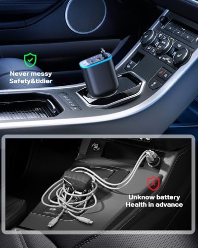 Revolutionary 4-in-1 Retractable Car Charger – 90 W USB-C Fast Charging Adapter for i Phone 16 and More, Featuring Ambient LED Lighting for Enhanced Travel Comfort – Ideal Road Trip Essential for i Phone 16, Galaxy, Pixel, and Universal Devices – Achieve Maximum Charging Efficiency with Tangle-Free Design