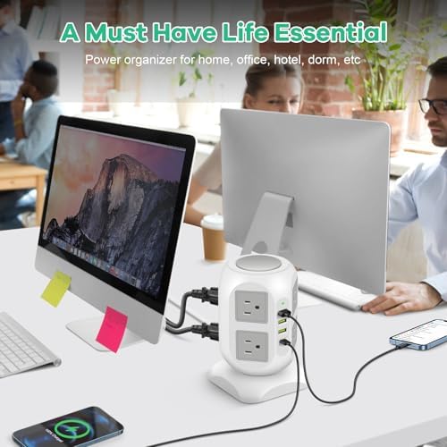 Ultimate 8-Outlet Power Strip Tower with 15 FT Extension Cord | Compact Surge Protector with 4 USB Ports & 20 W USB-C Fast Charging | Space-Saving Desk Organizer for Office & Home | Enhanced Compatibility for All Devices