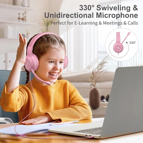 Stylish Pink Kids’ Headphones with Noise-Canceling Boom Mic – Simolio Wired On-Ear Stereo Headset for School, Gaming & Learning – Comfortable, Safe Volume Control & Durable Design for Girls, Teens & Students