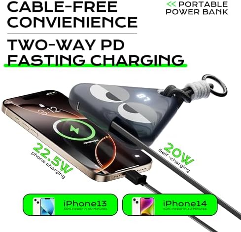 Ultimate Travel Power Bank with Retractable 2.3 ft Cable and Durable Paracord Carabiner – 10000 m Ah Fast Charging Wearable Charger in Stellar Gray, USB-C Compatible for All Devices – Stay Energized on the Go!