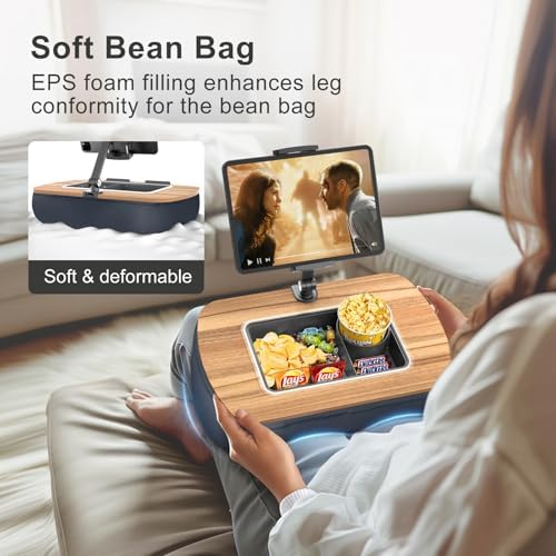 Ultimate Comfort Lap Beanbag Tablet Pillow Stand with Integrated Snack Bowl – Adjustable 360° Rotating i Pad Holder for 4.7″-13″ Devices – Perfect for Hands-Free Reading and Relaxation on Bed, Couch, or Recliner in Stylish Gray – Enhance Your Leisure Experience Today!