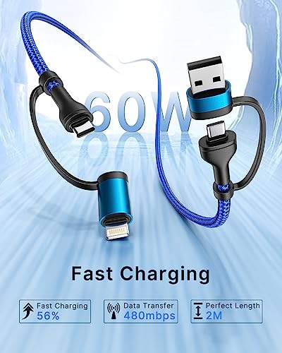 Universal 4-in-1 Multi-Device Charging Cable [2-Pack, 6.6 FT] – 60 W Fast Charging Nylon Braided Lightning & USB-C Cords for i Phone, i Pad, Samsung Galaxy, Mac Book & More – Durable & Tangle-Free Solution for Efficient Powering