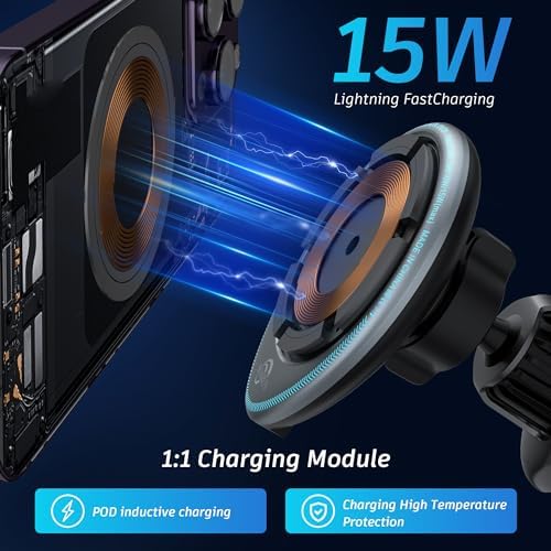 Revolutionary Mag Safe Wireless Car Charger Mount – 15 W Fast Charging with LED Indicator | Secure Magnetic Phone Holder for i Phone 16 Pro Max/15 Pro Max/14 Pro Max/13/12 | Flexible Air Vent & Dashboard Installation for Ultimate Convenience | Superior Stability and Performance for Safety-Conscious Drivers