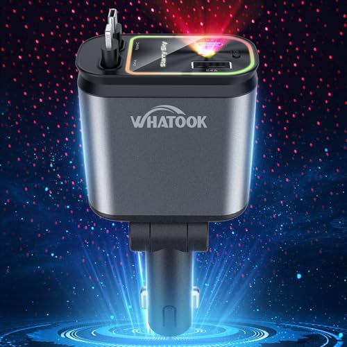 Illuminate Your Drive with the Starlight Retractable Car Charger – 4-in-1 USB-C Fast Charging Adapter with Dual Ports for i Phone, i Pad, and Air Pods, Enhanced Compatibility, Tangle-Free Design, and Mesmerizing Car Roof Ambiance for Effortless Road Trips