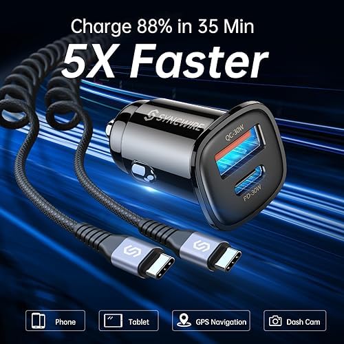 Syncwire 60 W USB C Car Charger with PD & QC Fast Charging – Ultimate Compatibility for i Phone 16, Galaxy S23/S22, Google Pixel 7/7 Pro – Includes 5 FT Coiled Type C Cable for Maximum Convenience – Compact Design with Safety Features for Reliable Power on the Go