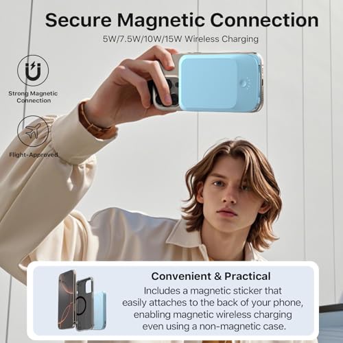 NOBIS 5000 m Ah Slim Magnetic Power Bank with Built-In USB-C Cable – Wireless Portable Charger for Quick Charge 3.0 and Mag Safe Compatibility – 22.5 W Fast Charging Solution for Android and i Phone Users on the Go